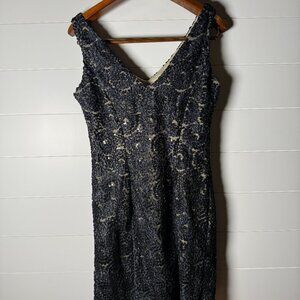 Jackie Jon New York Black Illusion Lace Cocktail Dress Scalloped Shift Size 8
